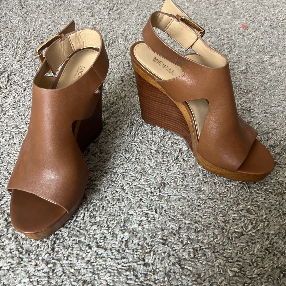 Michael Kors Brown Leather Wedge Sandals